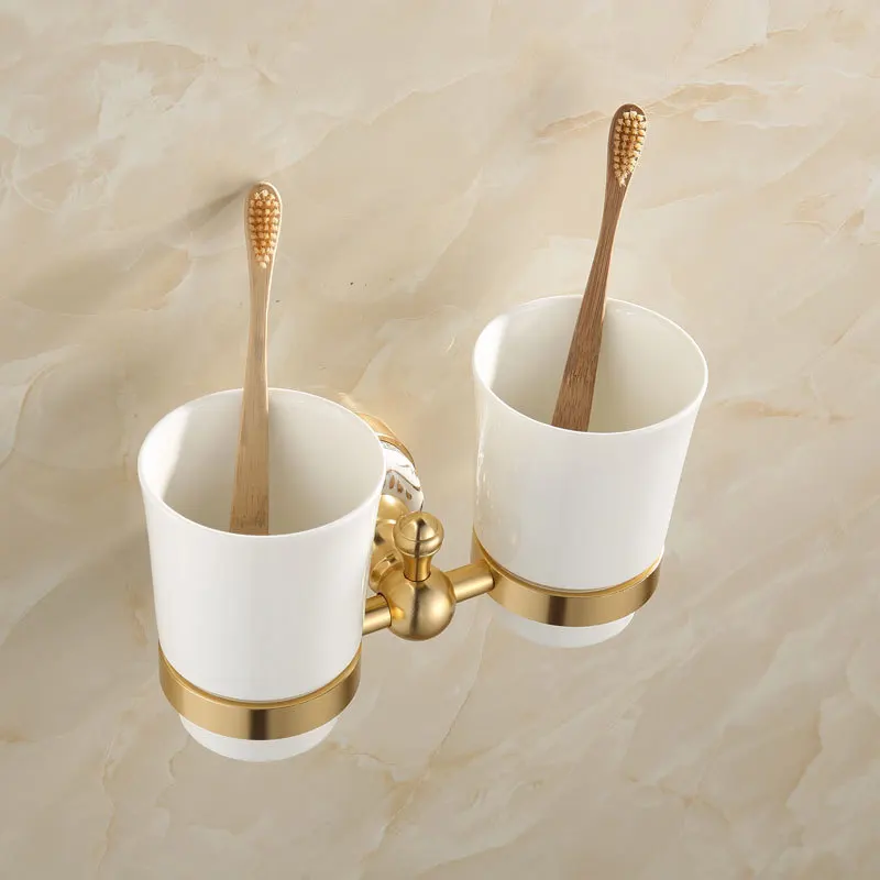 

Wall Mount Dust-proof Antique Ceramic Double Tumbler Cup Holder Toothbrush Holder Bathroom Accessory