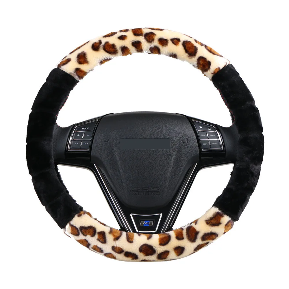 O SHI автомобильный Леопардовый принт плюшевая оплетка руль/Зимний роскошный модный чехол на руль Универсальный сохраняет тепло - Название цвета: Черный
