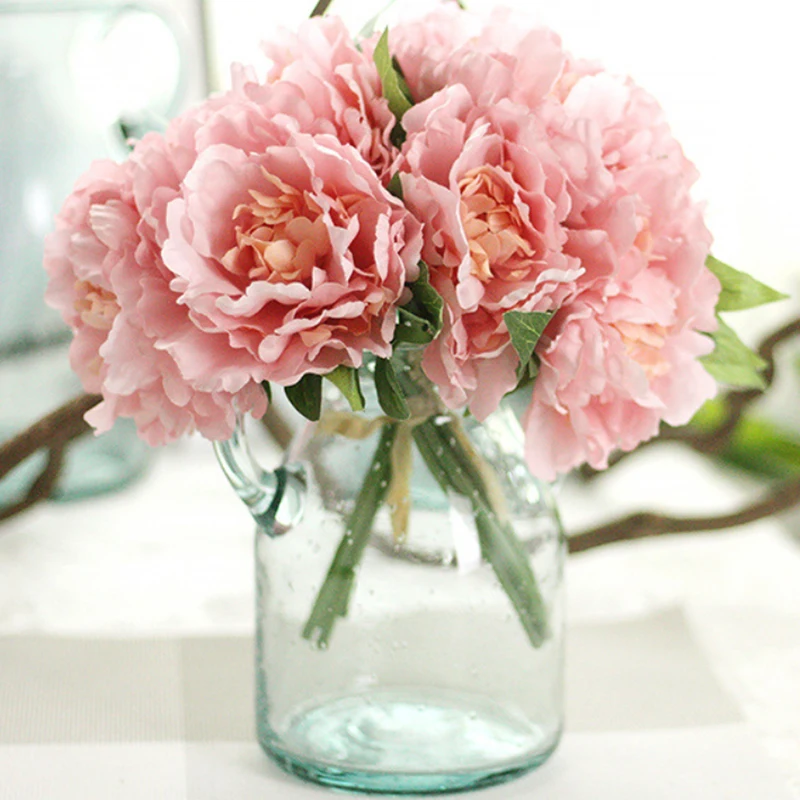 

5 Heads Artificial Flower for wedding Hydrangea Peony Bridal Bouquet Silk Flower with Green leaf DIY Home Birthday Party Decor