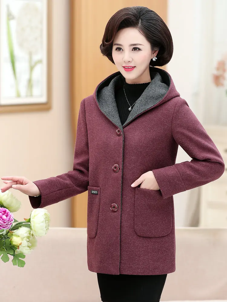 Winter Woman Tweed Hooded Coat Thicken Quilted Overcoat Female Red Green Wool Blends Pea Coats Women Warm Hood Woollen Outerwear