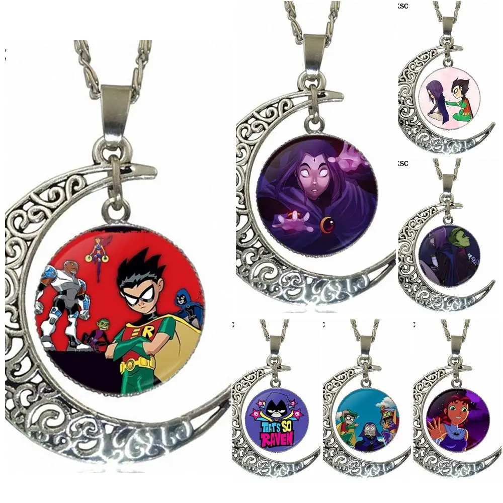 

Teen Titans Raven Cyborg Beast Boy Robin Starfire For Women Fashion Glass Cabochon Moon Pendant Necklace Choker Necklace Jewelry
