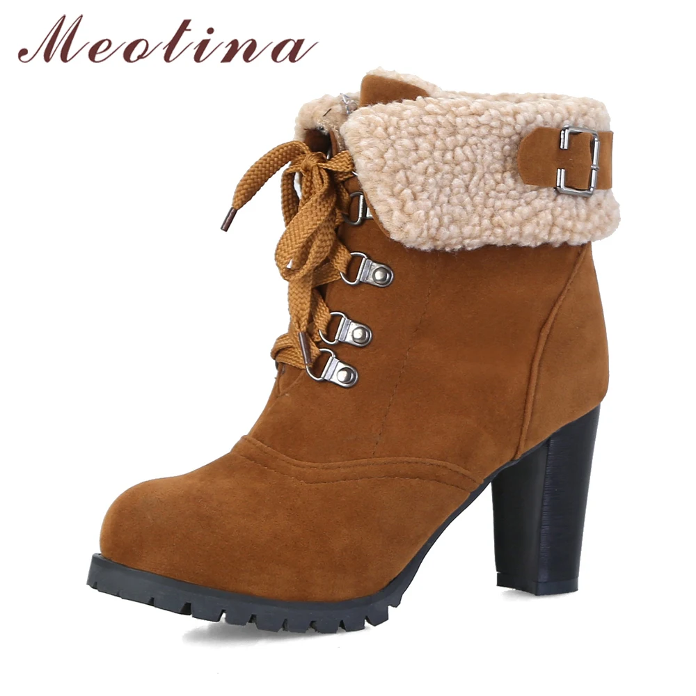 Meotina Winter Boots Women Shoes Lace Up High Heel Ankle Boots Buckle ...