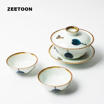 

Japanese Style Ceramic Kung Fu Tea Set Creative Vintage Hand Painted Tureen Porcelain Bowl Tea Cup Saucer Gaiwan Teapot Lid Pot