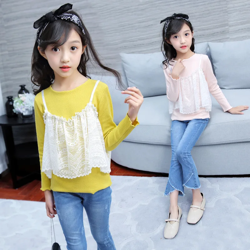

Teenage Girl Clothes Set 2018 Back To School Outfits Autumn Long Sleeve Lace Sweatshirt + Jeans Pant 2pcs Children Clothing 9 12