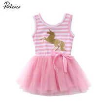 Довольно для маленьких девочек Единорог для малышей платье детский летний полосатый Сарафан розовый сетки Тюль вечерние свадебные пачка летнее
