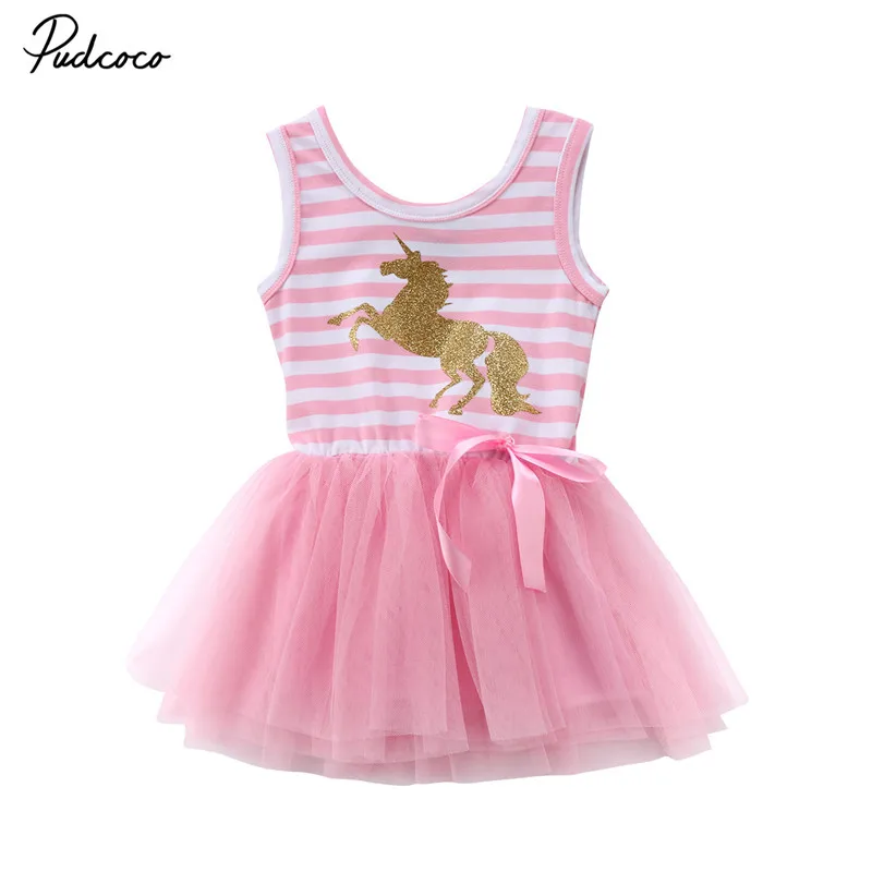 

2018 Pretty Little Girl Baby Unicorn Dress Summer Sleeveless Striped Pink Mesh Tulle Party Wedding Tutu Summer Dress