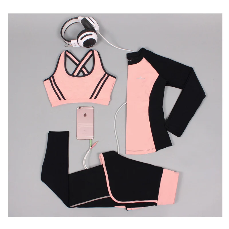 ① Women Yoga Set 3 In 1 Set Спортивный Бюстгальтер + Длинная Рубашка + Брюки Дышащий Фитнес Бег Открыт ★