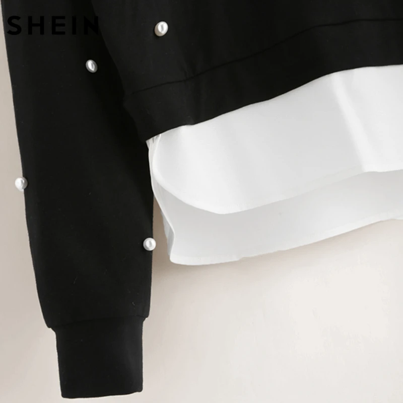  SHEIN Sweatshirt Woman Pearl Beading 2 In 1 Sweatshirt Autumn Women Sweatshirt Black Long Sleeve El