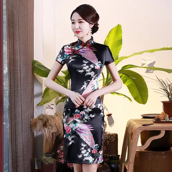 

Sexy BLACK Split Women Satin Cheongsam Mandarin Collar Vintage Chinese Dress Print Peacock Stage Show Short Qipao Plus Size 6XL