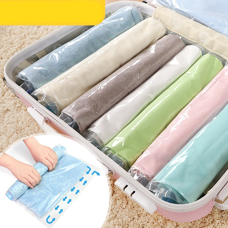 

Hand Rolling Compression Vacuum Bag Foldable Compressed Travel Clothes Organizers Space Saving Seal Storage Bag Container
