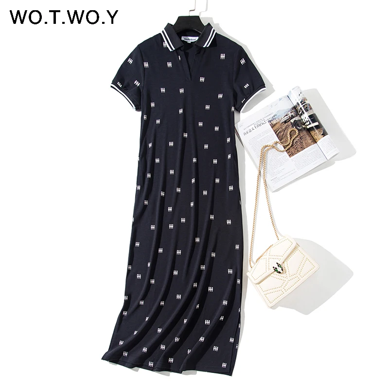 WOTWOY принт Turn Down Воротник платье поло Женский 2019 весна хлопок Повседневный прямой лодыжки длина футболка платье женские карманы купить на AliExpress