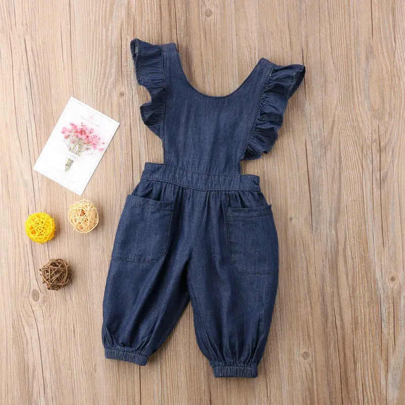 

Kids Baby Girl Cross Strap Denim Overalls Jumpsuit O Neck Ruffle Sleeveless Solid Romper Trousers Summer Baby Girl One Piece