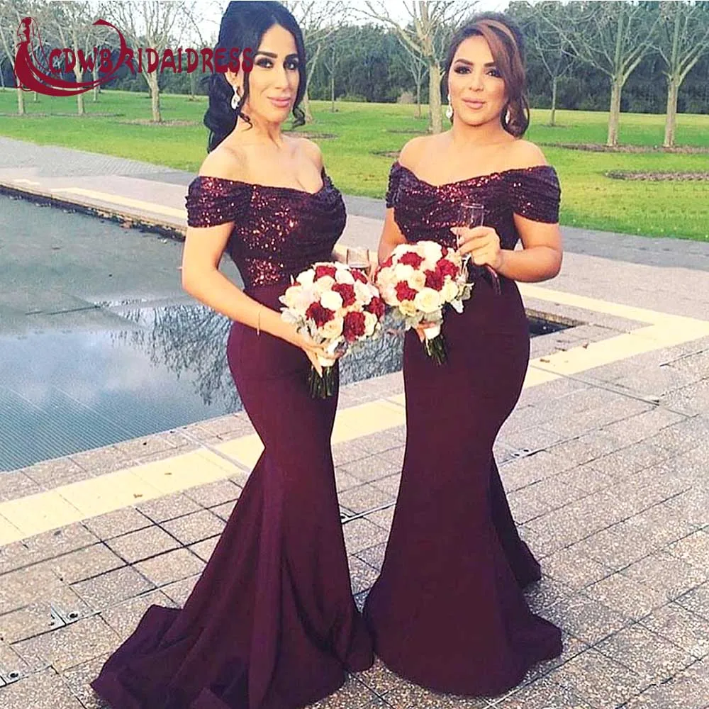 Sexy Burgundy Satin Bridesmaid Dresses With Pleat Sequins Top Mermaid