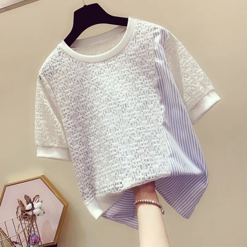 

2019 Summer New Korean Irregular Perspective Lace Splice Stripe Short Sleeve T-shirt Girls Ladies Loose Casual Pull Shirt Top