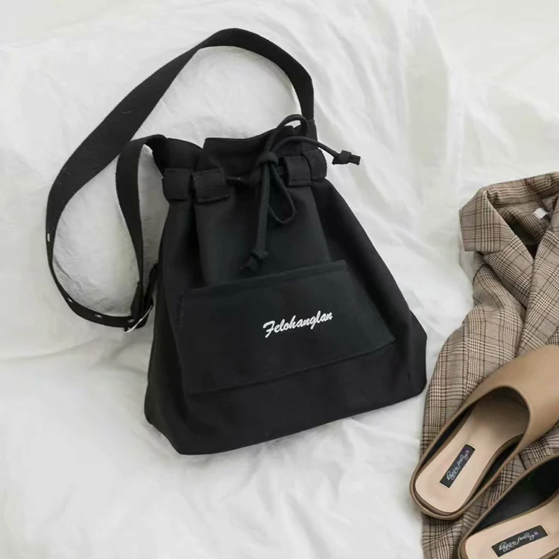 

Women Canvas Cotton Bag Casual Drawstring Bucket Handbag Ladies Crossbody Shoulder Bag Korean Style Middle Youth Bags Whole Sale