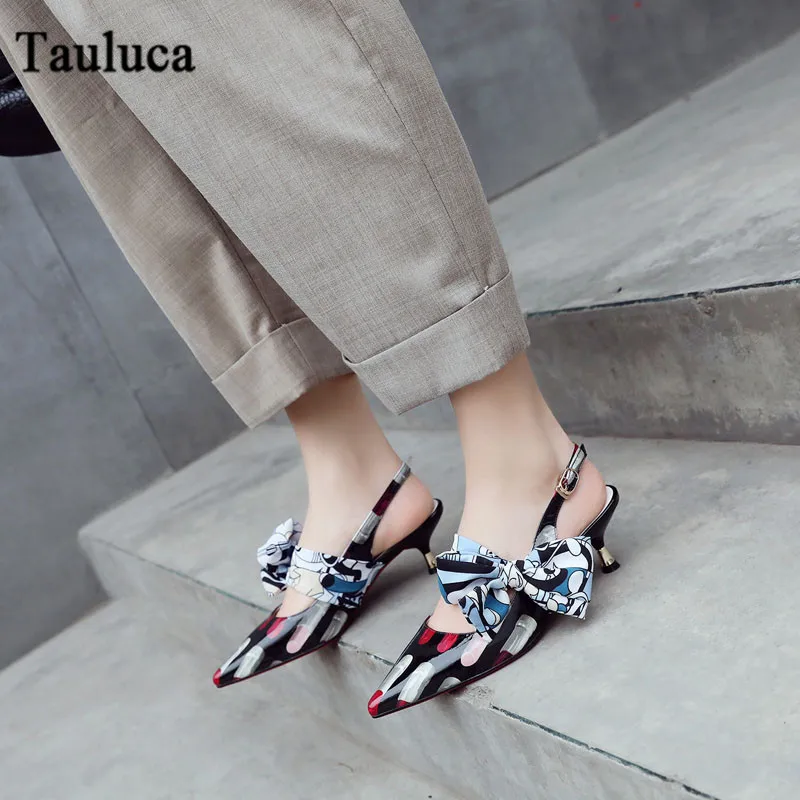 

New Pointed Toe Stiletto Patent Leather Sandals Female Bow Dot Printed Lipstick Shoes Elegant Women Slingback Shoes Buckle