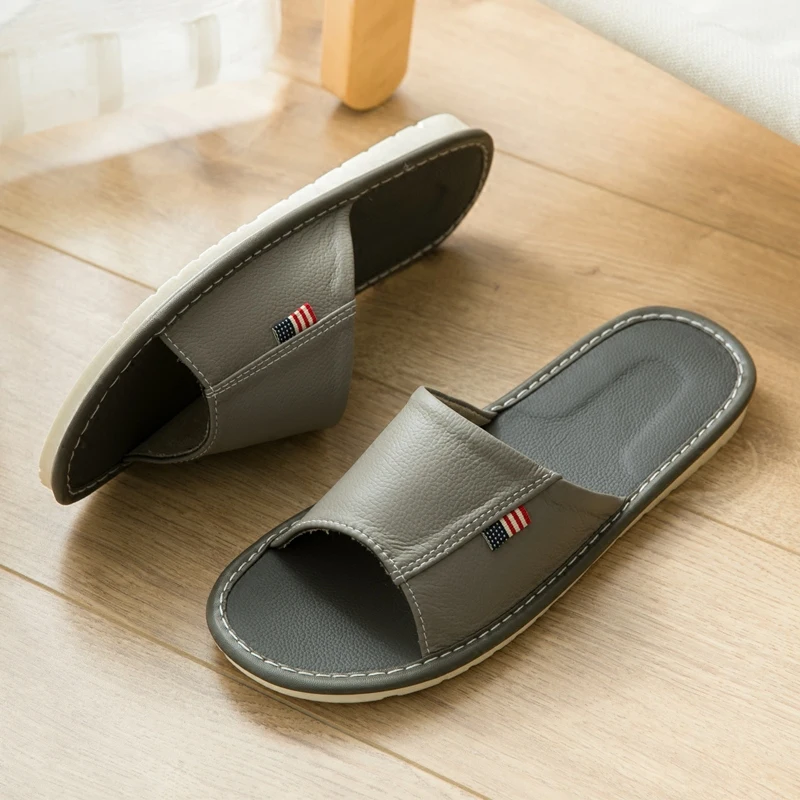 US $25.71 Womens Summer Genuine Leather Indoor Slippers AntiSlip Super Soft Couples Home Shoes Comfortable Cow Leather Casual Slippers