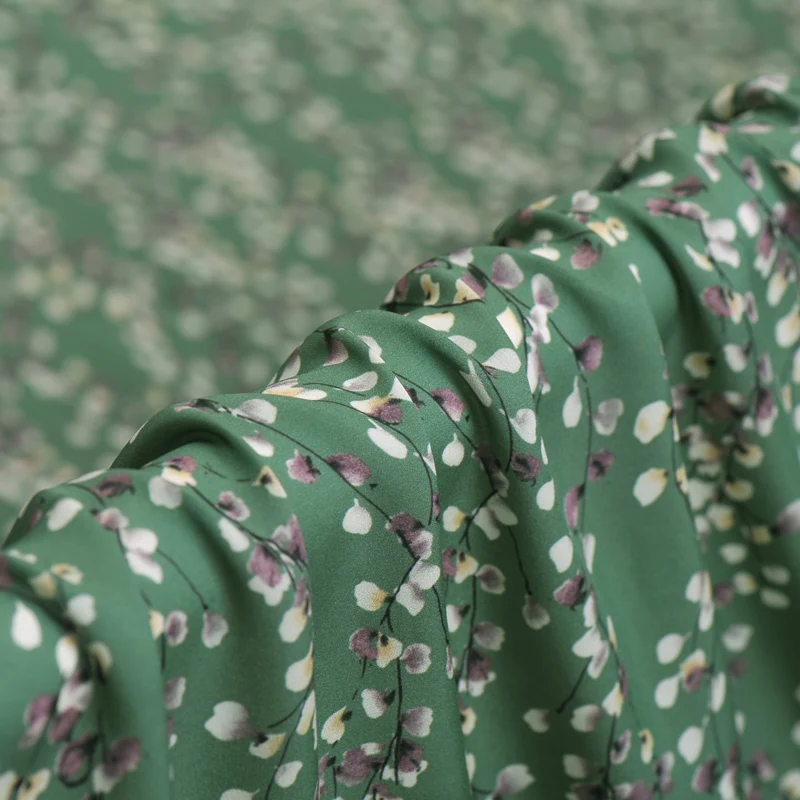 

136CM Wide 22MM Small Floral Print Stretch Green Silk Fabric Good for Spring Summer Dress Skirt Shirt Pants J186