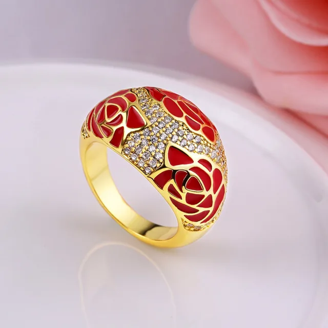 CHUKUI Wholesale Simple Gold Jewelry Men Rings For Women Copper Wedding Band Red Enamel Rose Flower Crystal Rhinestone Ring