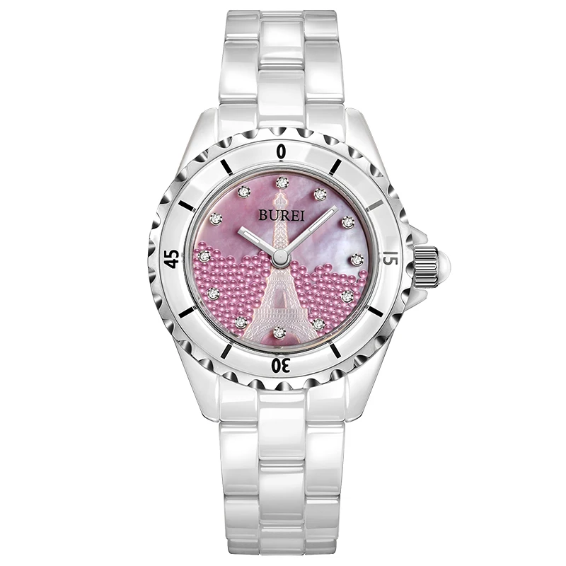 

BUREI 18002 Switzerland watch women luxury brand J12 series Paris La Tour Eiffel diamond pearl Ceramic pink relogio feminino