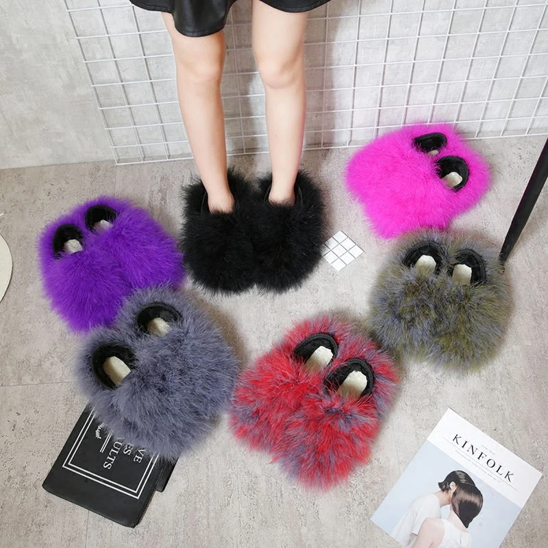 Ostrich Shoes Women Winter Warm Fur Plush 2018 Fashion Flat Slippers Ladies Sweet Candy Color Home Pantufas De Pelucia De Bichos