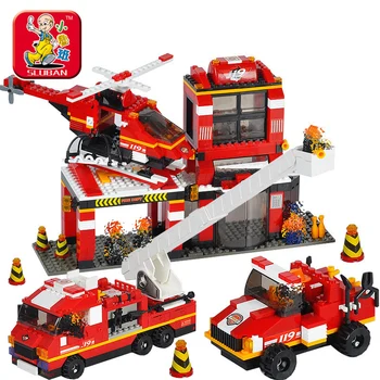 

Sluban 0227 727Pcs City series Fire Department Emergency Fire Engine Helicopter blocks toys for Kids gifts Compatible With Toys