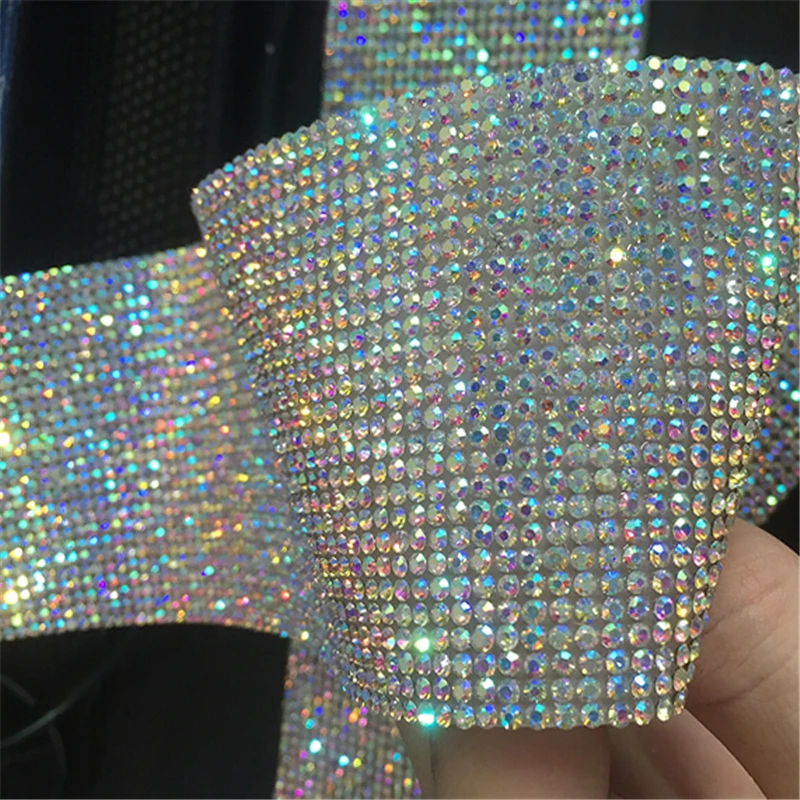 

Most Bling SS8 Clear Crystal Rhinestone Beaded Trim Diamond Mesh Hotfix or self ADHESIVE roll strass sexy Applique Banding