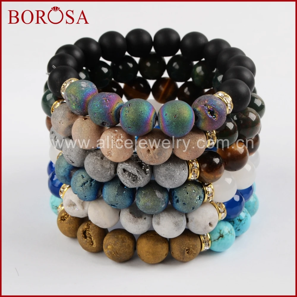 

BOROSA 10 Strands Drusy Stones Beaded Bracelets,Druzy 10mm Multi Kind Druzy Gem Stone Beads Bracelet for Women Jewelry G1439