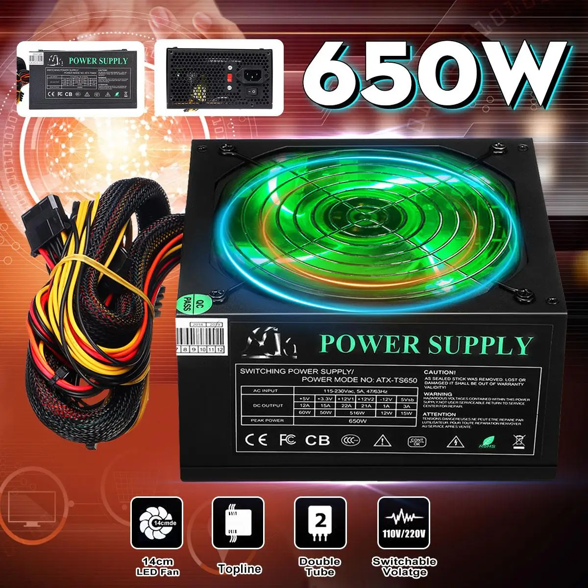 650 W وحدة إمداد الطاقة للكمبيوتر مع 14 سنتيمتر LED مروحة كاتمة للصوت 110 ~ 220 V 24 دبوس PCI SATA ATX 12 V PC مصدر إمداد الطاقة لسطح المكتب