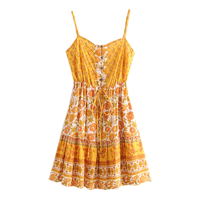 Винтажное шикарное женское пляжное богемное желтое платье без рукавов с цветочным принтом, Дамское летнее платье без бретелек из вискозы, богемное платье vestidos