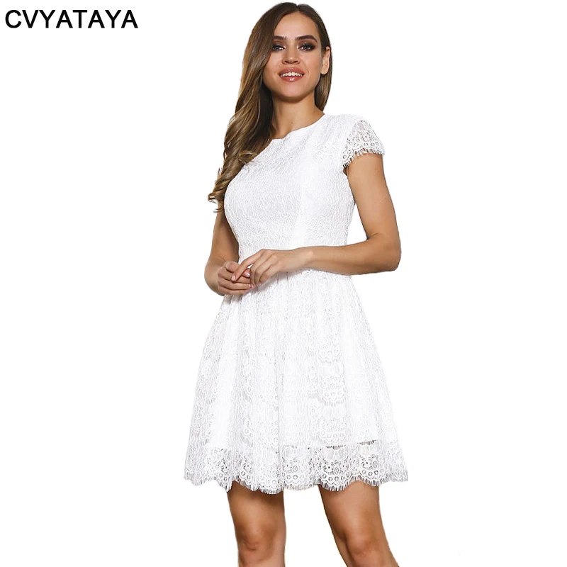 

Sweet White Lace A-Line Summer Dress Women Elegant Princess Mini Party Dresses Female O-Neck Short Sleeves Casual Vestidos