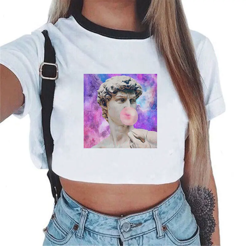

2019 David Michelangelo Short Sleeve Prinr Statue Bubble Gum Chewing Gum Print Fun Harajuku Tshirt Crop Top Tumblr T-shirt