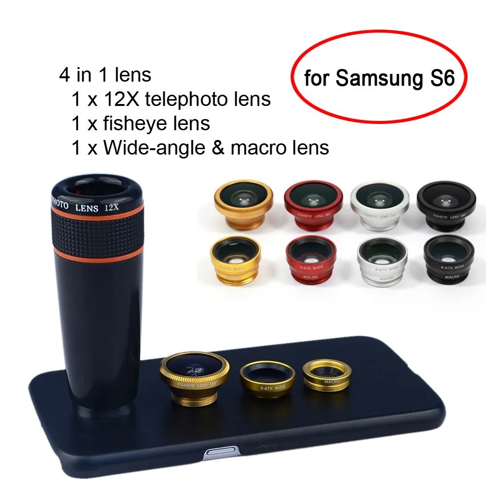 

4 in 1 12X Telephoto & Fisheye &Wide-Angle&Macro Lenses kit with phone case For Samsung Galaxy S6 camera lens APL-12X85