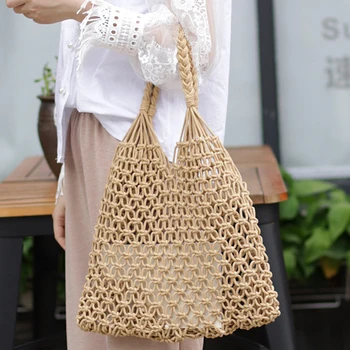 

Fashion Handmade Crochet Tote Bag Female 2020 Casual Leisure Handbag Summer Beach Over Shoulder Bag Women Hollow Out Handle Bag