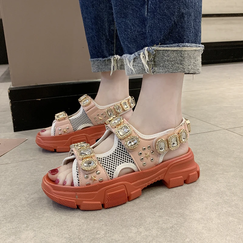 

Rimocy platform wedge rhinestone women sandals thick sole crystal chunky sandalias mujer 2019 casual summer beach shoes woman