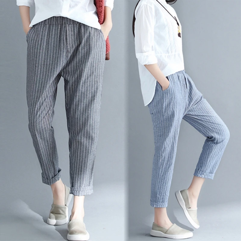 

Hot Women Fashion Brand Vintage Classic Vertical Striped Cotton Linen Thin Ankle-Length Pants Female Casual Harem Pants Trousers