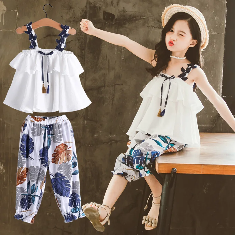 

Girls Chiffon Sling Print Set Fashion Lantern Pants Two-piece Summer Cool Out Out Children's Set