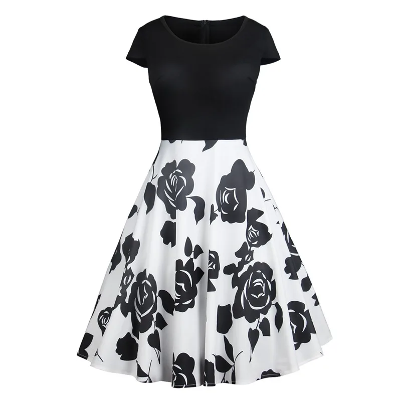 

HeyGalSing Women Print Dress 2019 Spring Summer New Vintage Elegant Cap Sleeve Swing Patchwork Dress Casual Party Dress Vestido