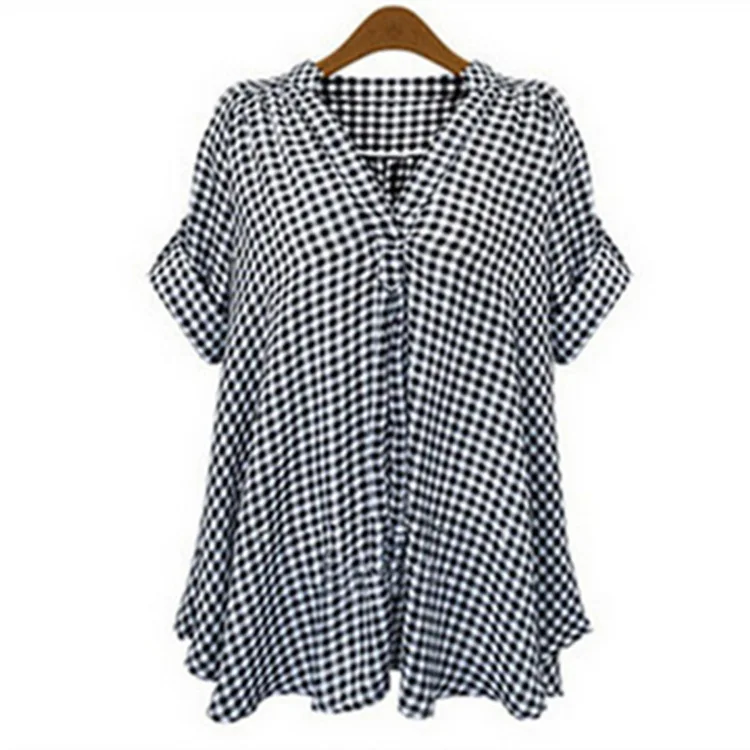 

2019 New Summer Shirt Fashion Short-sleeved Shirt Plaid Large Size Women's V-neck Long Shirt Women's Tops Casual Shirt