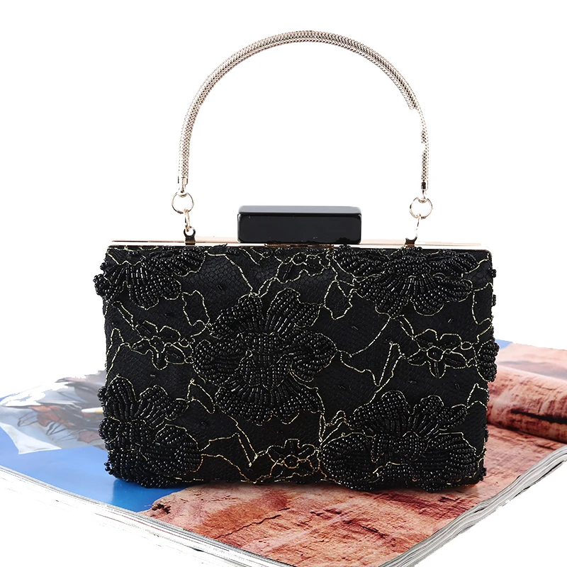 TANGSONGGUCI Embroidery Beaded Evening Bag Chain Handbags Vintage Black Color Evening Dress