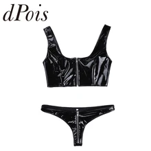 2 шт., Женская Клубная одежда из лакированной кожи с мокром эффектом, на молнии, набор белья бикини, без рукавов, укороченный топ с мини-трусиками, сексуальное нижнее белье
