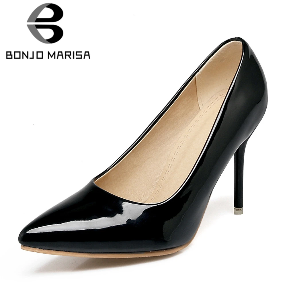 

BONJOMARISA Plus Size 30-48 New Pointed Toe Patent Pu Thin High Heels Shoes Ladies Office Shoes Woman Sexy Spring Autumn Pumps
