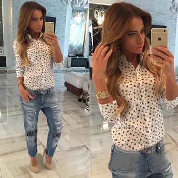 

New 2018 Spring Summer Casual Women Blouses Fashion Regular Full Sleeves V -Neck Triangle Dots Cute Button Blouse