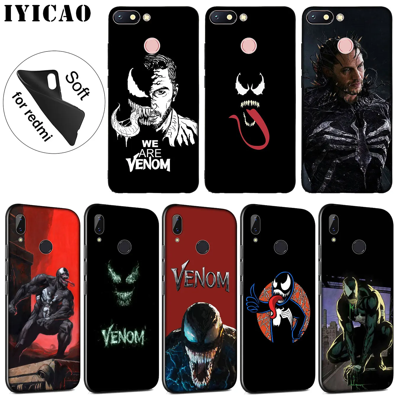IYICAO Marvel Venom Soft Silicone Phone Case for Xiaomi Redmi K30 K20 8A 7A 6A 5A S2 GO Note 8 8T 7 5 6 Pro Black TPU Cover |