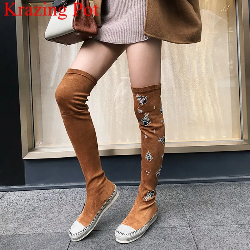

2018 new arrival round toe flock thigh high boots elegant crystal pearl over-the-knee boots keep warm butterfly winter shoes L16