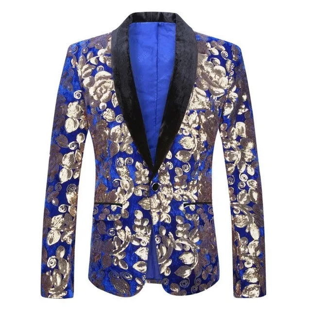 

2019 Men Stylish Shawl Lapel Royal Blue Velvet Slim Fit Blazer Plus Size Gold Floral Sequins DJ Singer Wedding Suit Jacket