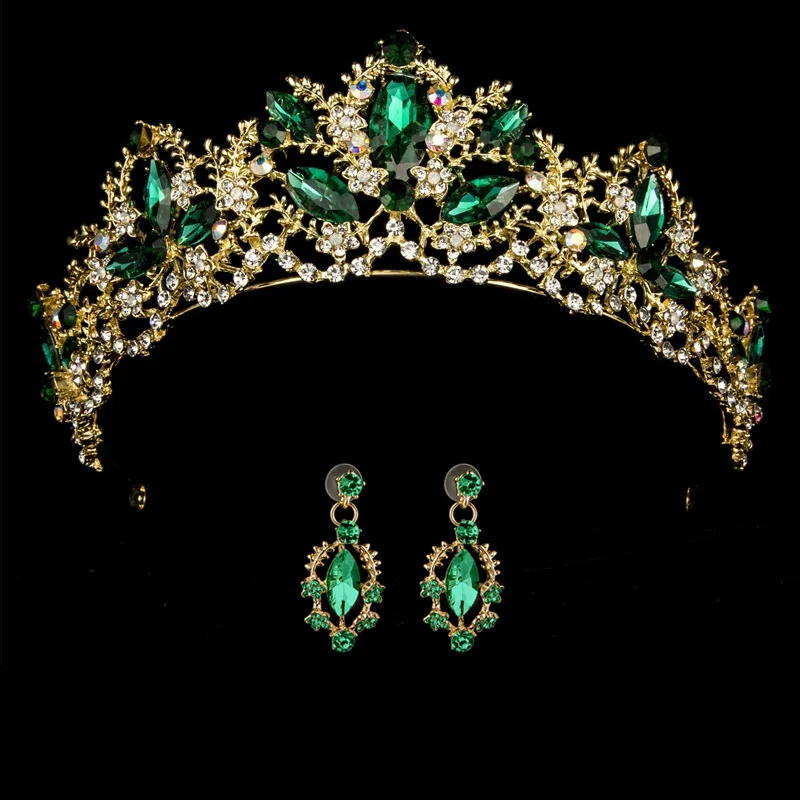 Золотой цвет свадебная корона королева свадебные диадемы лист невесты кристалл корона принцессы ободок свадебные аксессуары для волос украшения для волос - Окраска металла: green