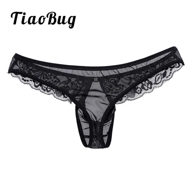 TiaoBug Sexy Black Mens Underwear Lace Transparent Briefs Mens Lingerie With Front Hole Mesh See-through Underpanties