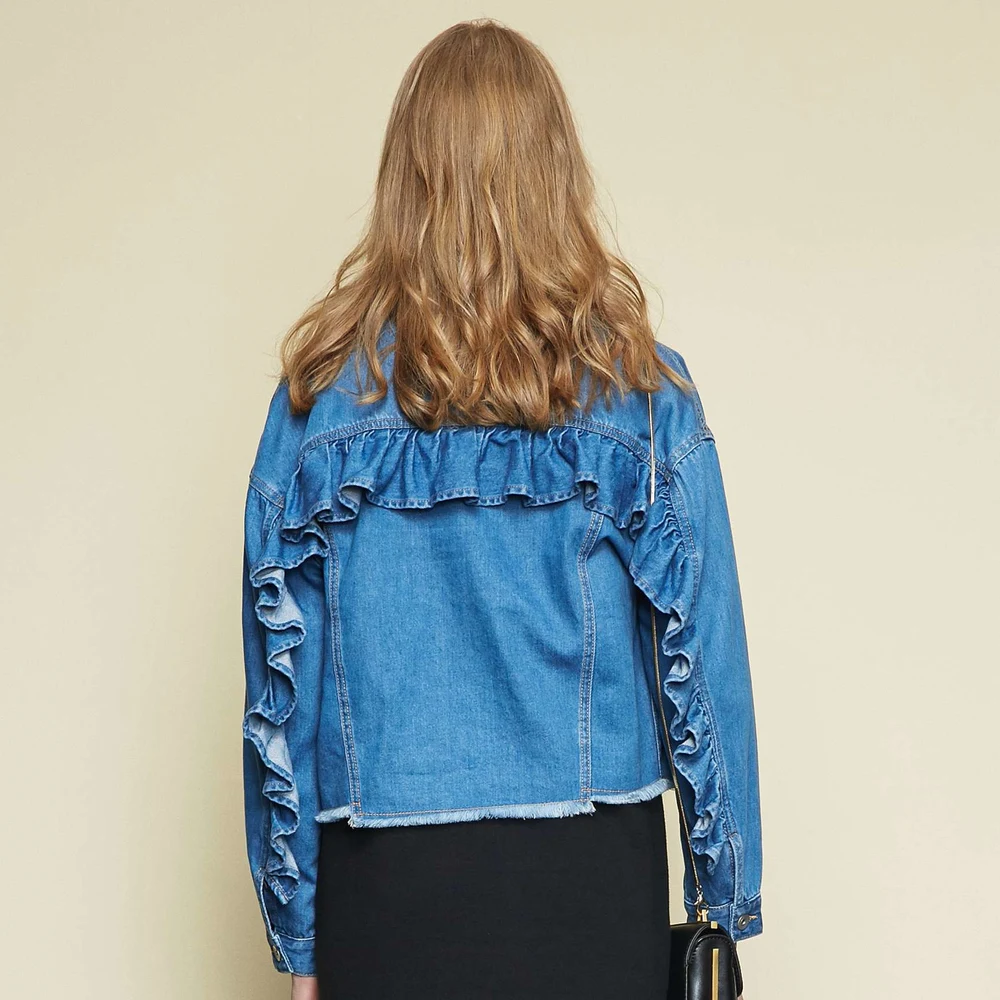 discount  Metersbonwe 2019 New Denim Jacket Female Spring Loose Casual Ruffled Denim Jacket Sweet Fresh Jeans