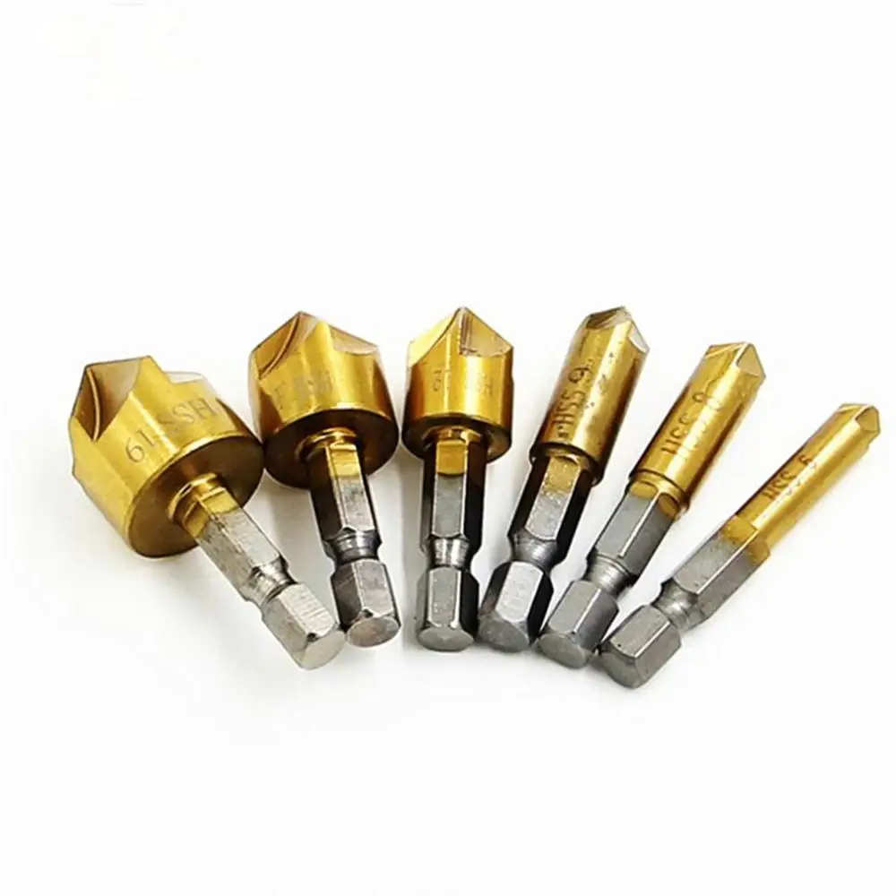 

6pcs/lot 6-19mm Hexagonal Handle Titanium Countersink Drill Bit Set Woodworking Drill Bits Metal Working Chamfering Taper Cutter